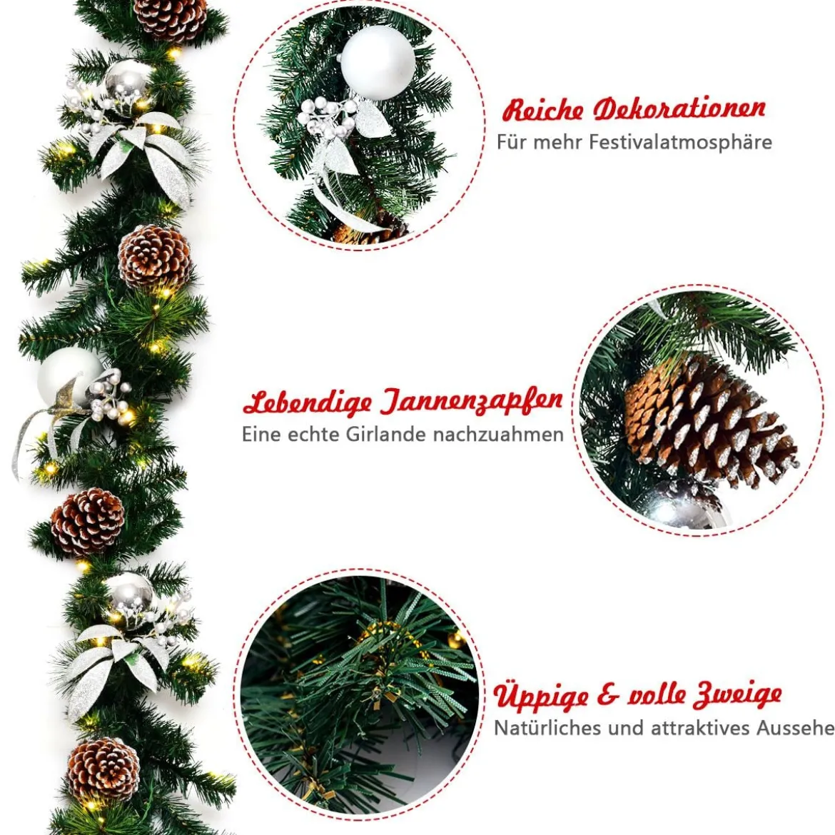 270 cm Weihnachtsgirlande mit 50 warmweißen LED-Leuchten künstliche Tannengirlande Grün