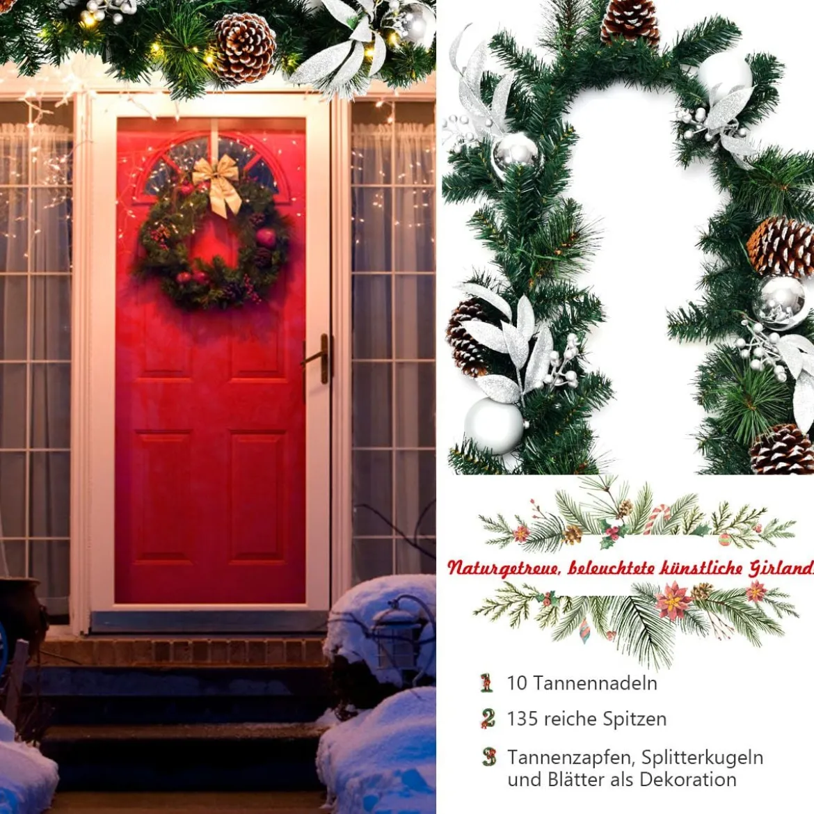 270 cm Weihnachtsgirlande mit 50 warmweißen LED-Leuchten künstliche Tannengirlande Grün