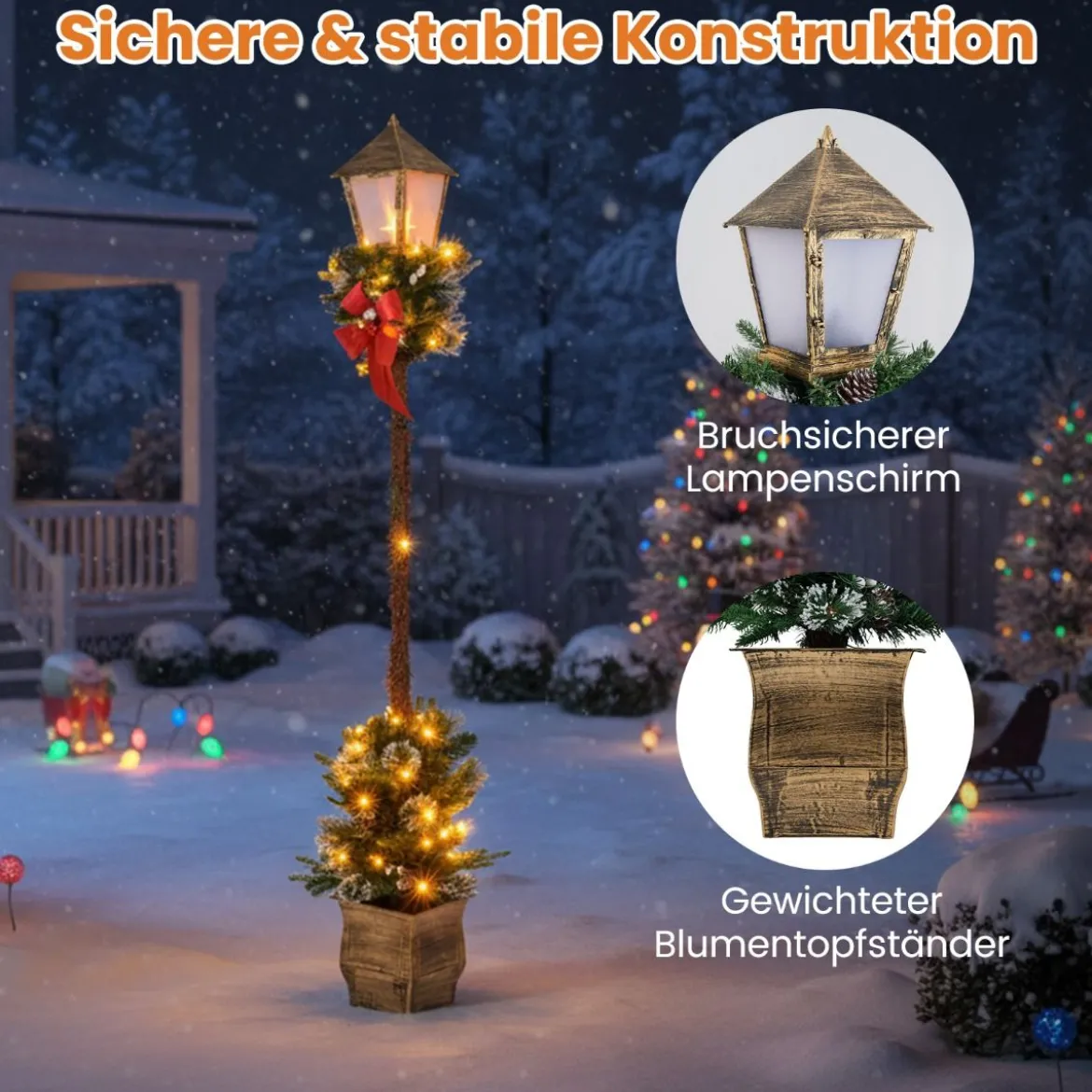 187 cm Weihnachtslaterne mit LED-Lichtern & Schneebedeckte Zweigspitzen Straßenlaterne