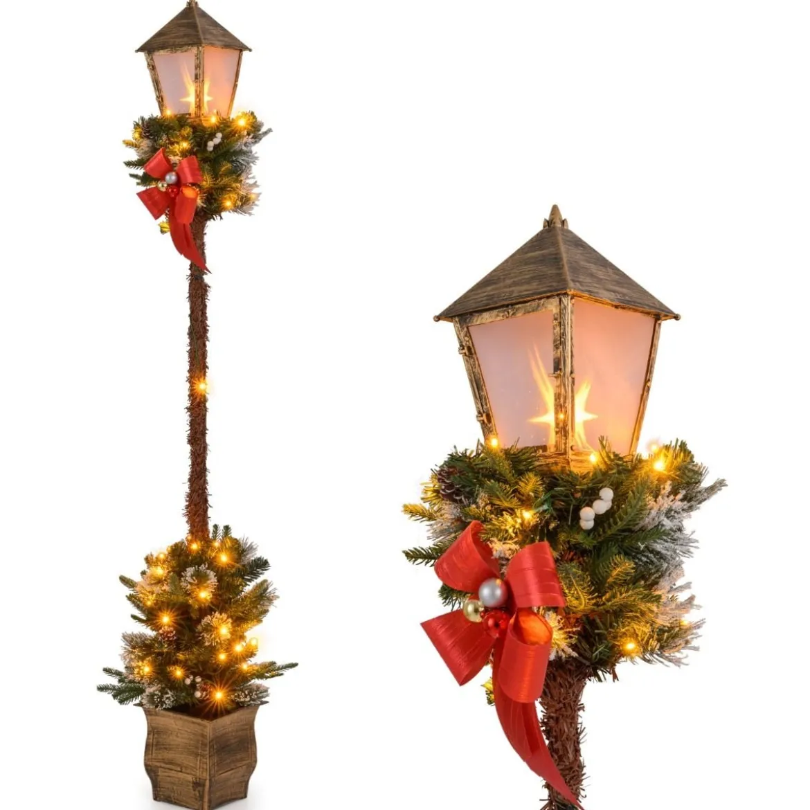 187 cm Weihnachtslaterne mit LED-Lichtern & Schneebedeckte Zweigspitzen Straßenlaterne
