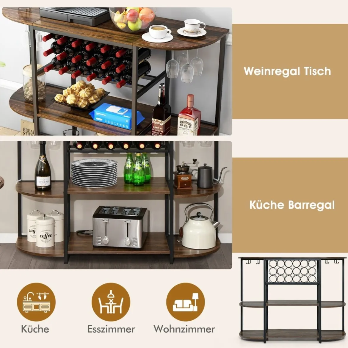 120 cm Weinregal mit Glashalter & Regalen 3 Ebenen Flaschenregal Rustikales Braun