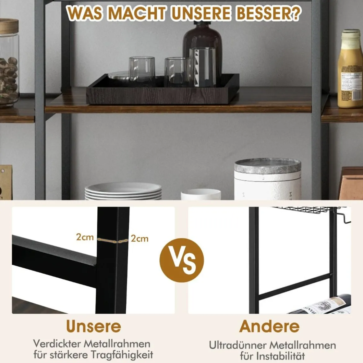 120 cm Weinregal mit Glashalter & Regalen 3 Ebenen Flaschenregal Rustikales Braun