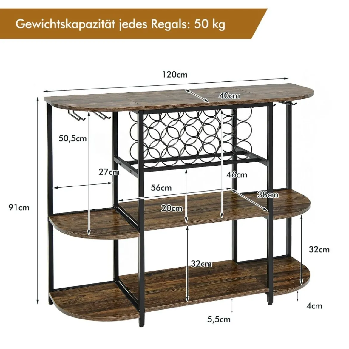 120 cm Weinregal mit Glashalter & Regalen 3 Ebenen Flaschenregal Rustikales Braun