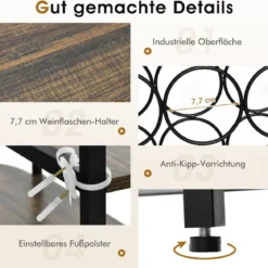 120 cm Weinregal mit Glashalter & Regalen 3 Ebenen Flaschenregal Rustikales Braun