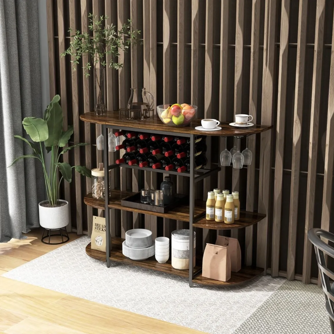 120 cm Weinregal mit Glashalter & Regalen 3 Ebenen Flaschenregal Rustikales Braun