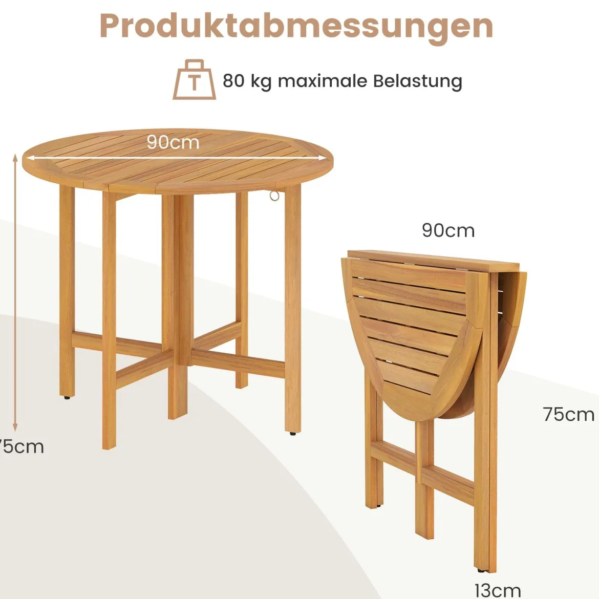 Ø 90 cm Wetterfester Gartentisch Akazienholz Klapptisch Runder Balkontisch Esstisch Natur