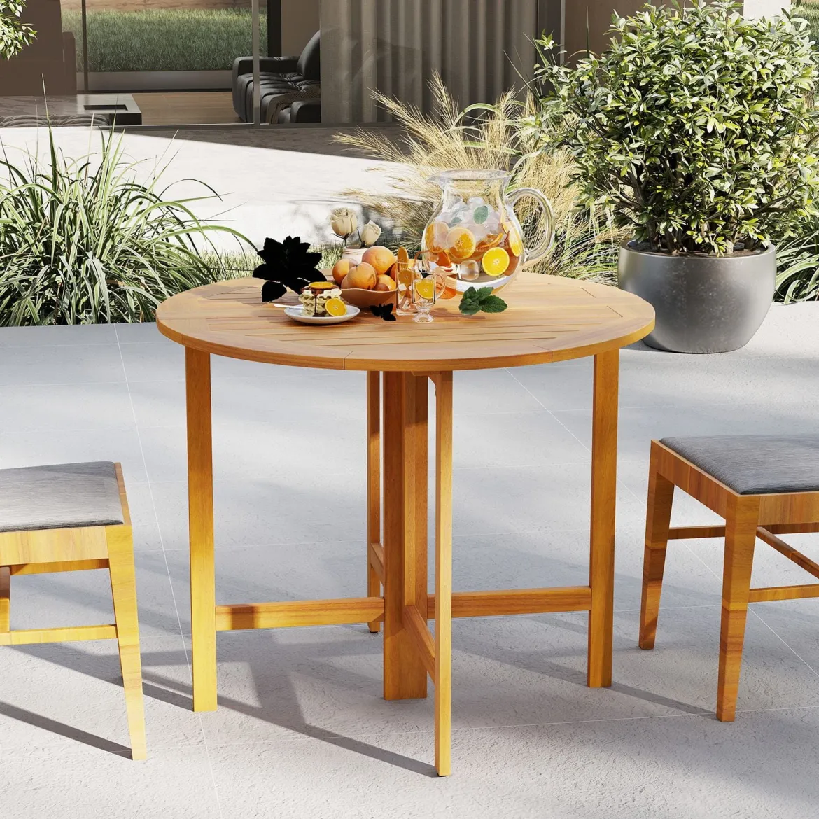 Ø 90 cm Wetterfester Gartentisch Akazienholz Klapptisch Runder Balkontisch Esstisch Natur