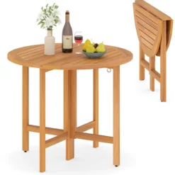 Ø 90 cm Wetterfester Gartentisch Akazienholz Klapptisch Runder Balkontisch Esstisch Natur
