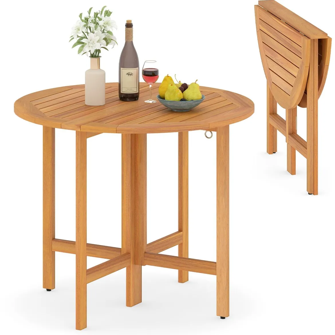 Ø 90 cm Wetterfester Gartentisch Akazienholz Klapptisch Runder Balkontisch Esstisch Natur
