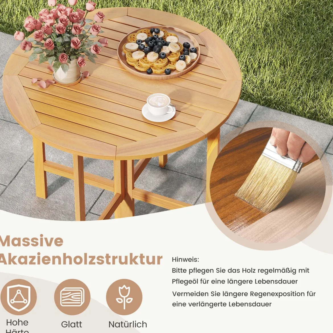 Ø 90 cm Wetterfester Gartentisch Akazienholz Klapptisch Runder Balkontisch Esstisch Natur
