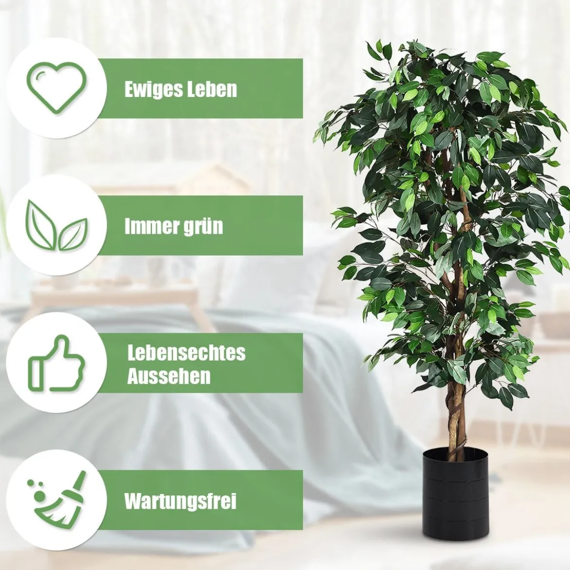 180 cm Zimmerpflanze Deko Kunstpflanze Dekopflanze mit 1008 Blätter und natürlicher Stamm