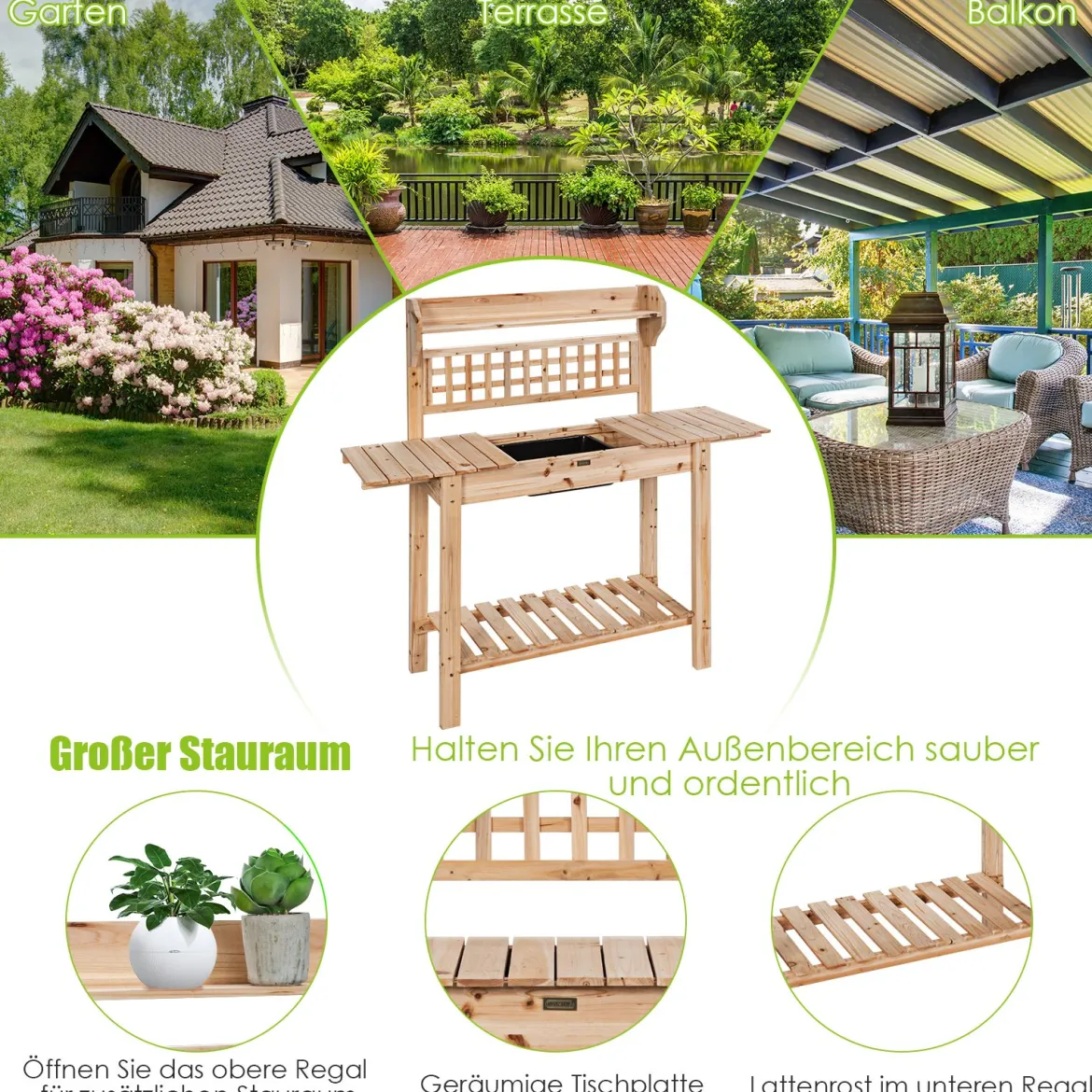 Coatway Gärtnertisch Holz Pflanztisch Garten Arbeitstisch Gartentisch multifunktionale Pflanz-Bank 101 x 45 x 141 cm
