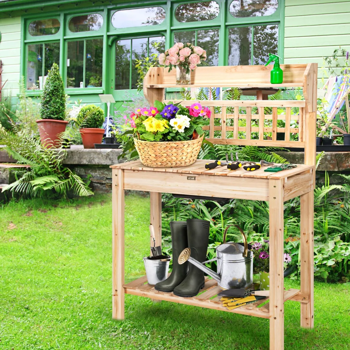 Coatway Gärtnertisch Holz Pflanztisch Garten Arbeitstisch Gartentisch multifunktionale Pflanz-Bank 101 x 45 x 141 cm
