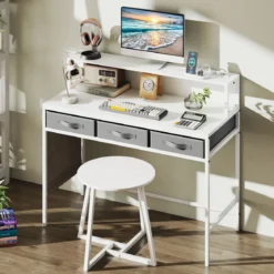 Computerschreibtisch mit Steckdosen Schminktisch und Hocker-Set mit Monitorständer Weiß