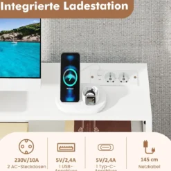 Computerschreibtisch mit Steckdosen Schminktisch und Hocker-Set mit Monitorständer Weiß