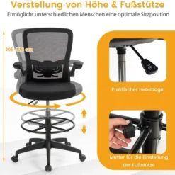 Computerstuhl aus Netzstoff mit hoher Rückenlehne mit hochklappbaren Armlehnen & Fußstützenring Schwarz