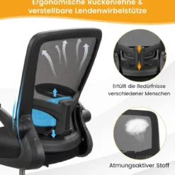 Computerstuhl aus Netzstoff mit hoher Rückenlehne mit hochklappbaren Armlehnen & Fußstützenring Schwarz