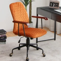Computerstuhl aus Samt mit mittlerer Rückenlehne gepolstertem Sitz Armlehnen aus Gummiholz Orange