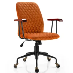 Computerstuhl aus Samt mit mittlerer Rückenlehne gepolstertem Sitz Armlehnen aus Gummiholz Orange