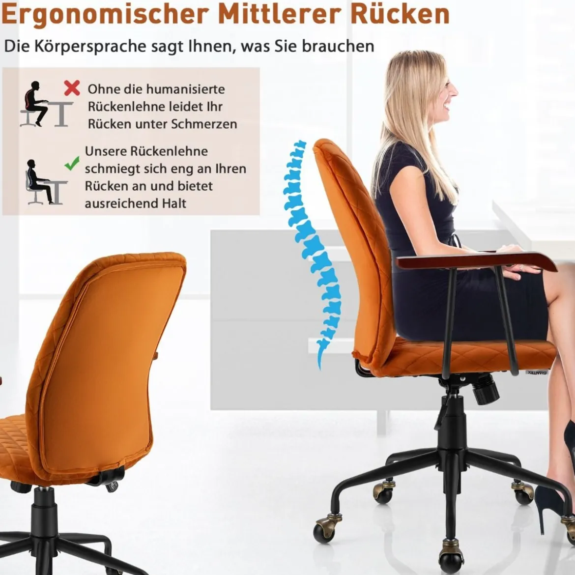 Computerstuhl aus Samt mit mittlerer Rückenlehne gepolstertem Sitz Armlehnen aus Gummiholz Orange