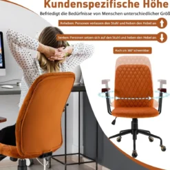 Computerstuhl aus Samt mit mittlerer Rückenlehne gepolstertem Sitz Armlehnen aus Gummiholz Orange
