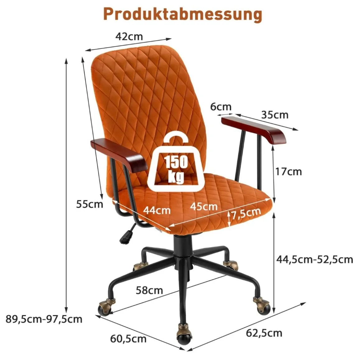 Computerstuhl aus Samt mit mittlerer Rückenlehne gepolstertem Sitz Armlehnen aus Gummiholz Orange
