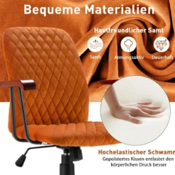 Computerstuhl aus Samt mit mittlerer Rückenlehne gepolstertem Sitz Armlehnen aus Gummiholz Orange