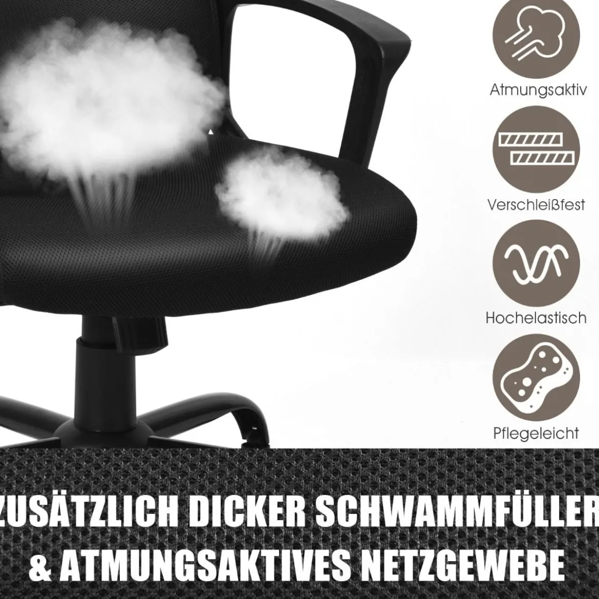 ComputerstuhlErgonomischer Netz-Bürostuhl mit Lumbalstütze 70 x 70 x 116-126 cm Schwarz