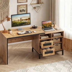 Computertisch Holz Schreibtisch mit 2 Offene Fächer 2 Schubladen & ein Eintüriger Schrank 181 x 60 x 76 cm
