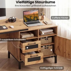 Computertisch Holz Schreibtisch mit 2 Offene Fächer 2 Schubladen & ein Eintüriger Schrank 181 x 60 x 76 cm