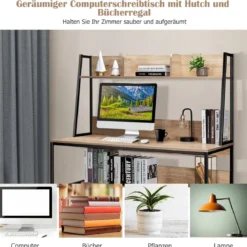 Computertisch mit Ablage & Bücherregal & Verstellbaren Fußpads Schreibtisch Arbeitstisch Natur