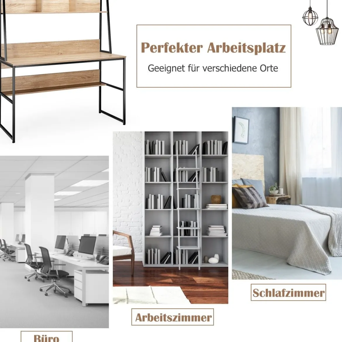 Computertisch mit Ablage & Bücherregal & Verstellbaren Fußpads Schreibtisch Arbeitstisch Natur