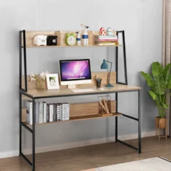 Computertisch mit Ablage & Bücherregal & Verstellbaren Fußpads Schreibtisch Arbeitstisch Natur