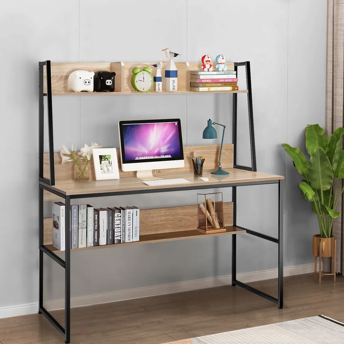 Computertisch mit Ablage & Bücherregal & Verstellbaren Fußpads Schreibtisch Arbeitstisch Natur
