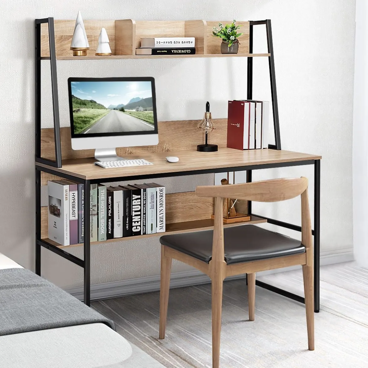 Computertisch mit Ablage & Bücherregal & Verstellbaren Fußpads Schreibtisch Arbeitstisch Natur