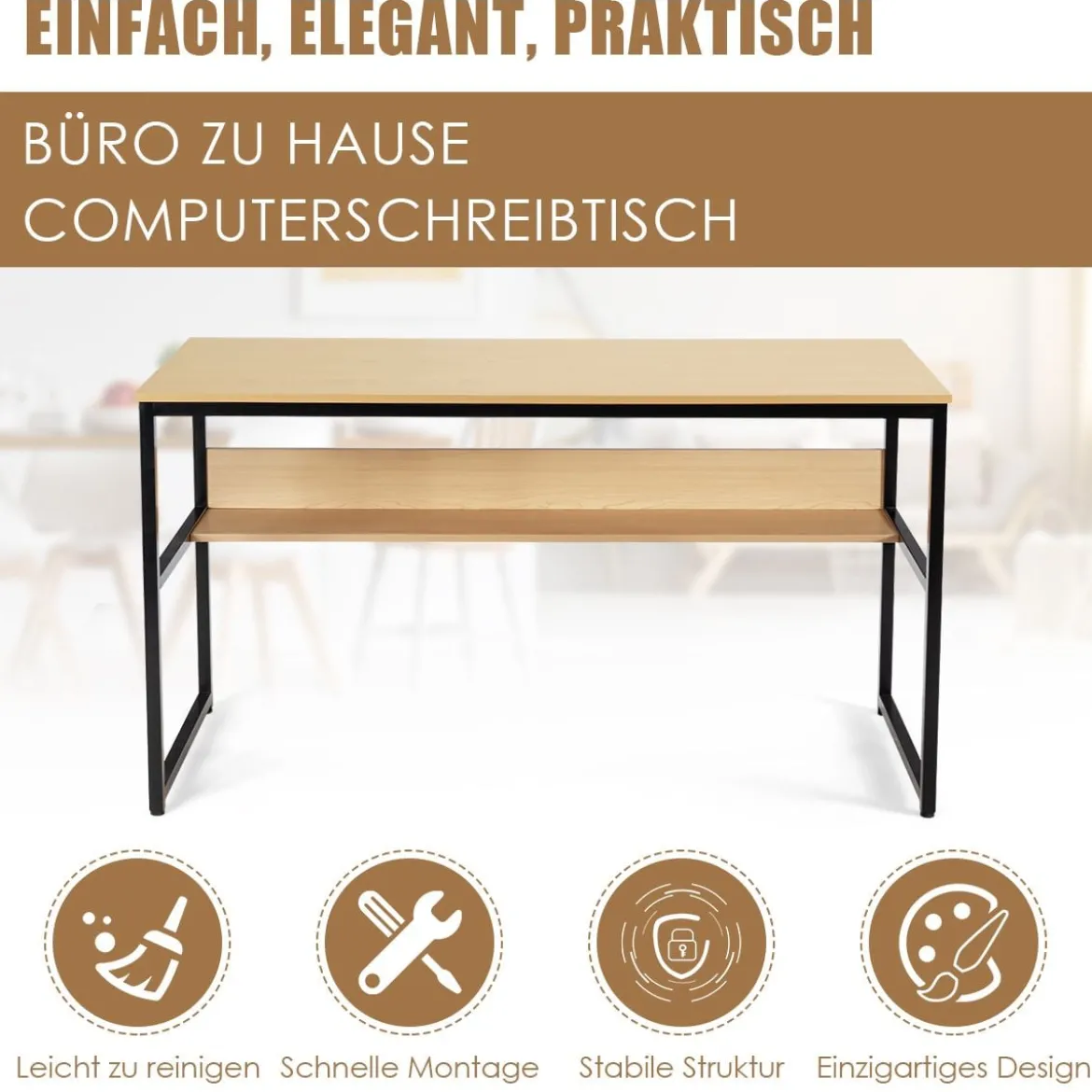 Computertisch mit Ablagefläche Metallstruktur Schreibtisch für Arbeitszimmer Office Schlafzimmer Natur