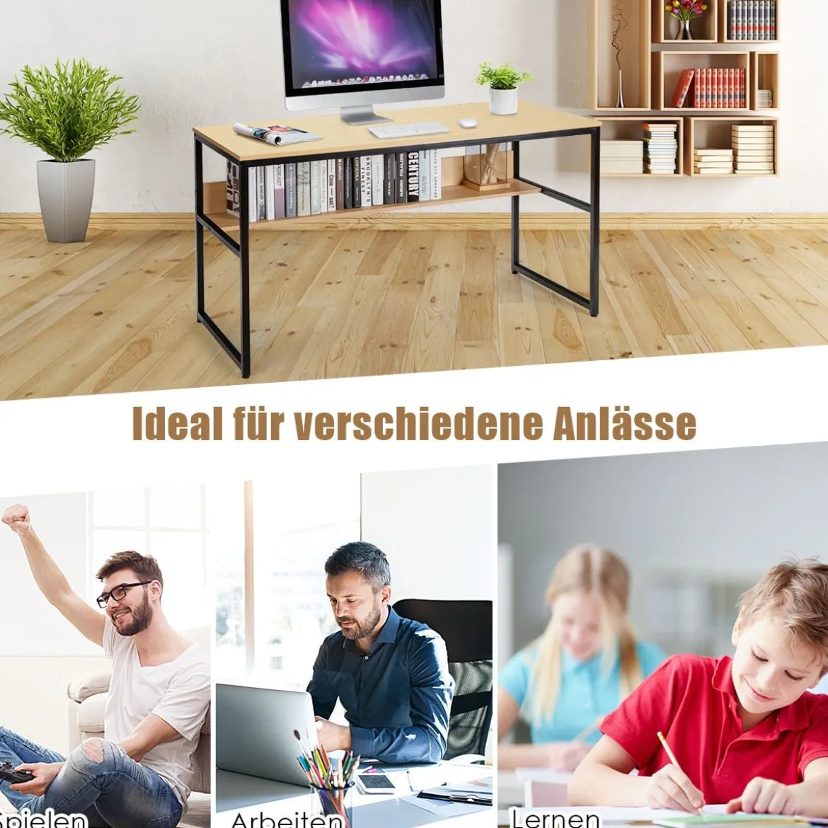Computertisch mit Ablagefläche Metallstruktur Schreibtisch für Arbeitszimmer Office Schlafzimmer Natur