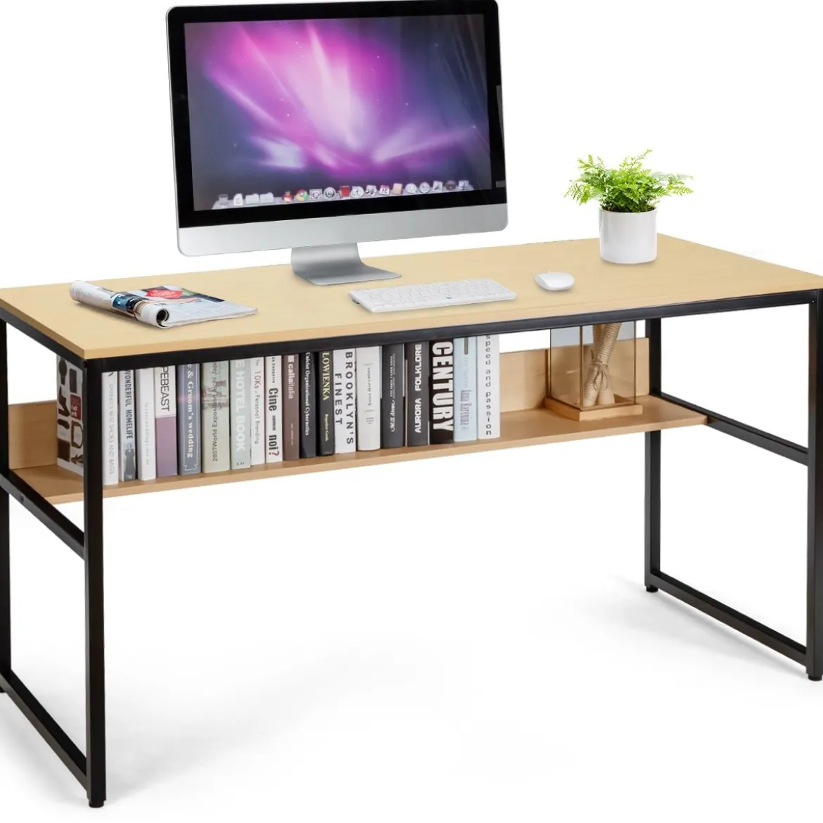 Computertisch mit Ablagefläche Metallstruktur Schreibtisch für Arbeitszimmer Office Schlafzimmer Natur