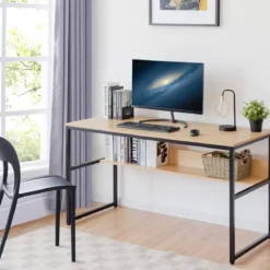 Computertisch mit Ablagefläche Metallstruktur Schreibtisch für Arbeitszimmer Office Schlafzimmer Natur
