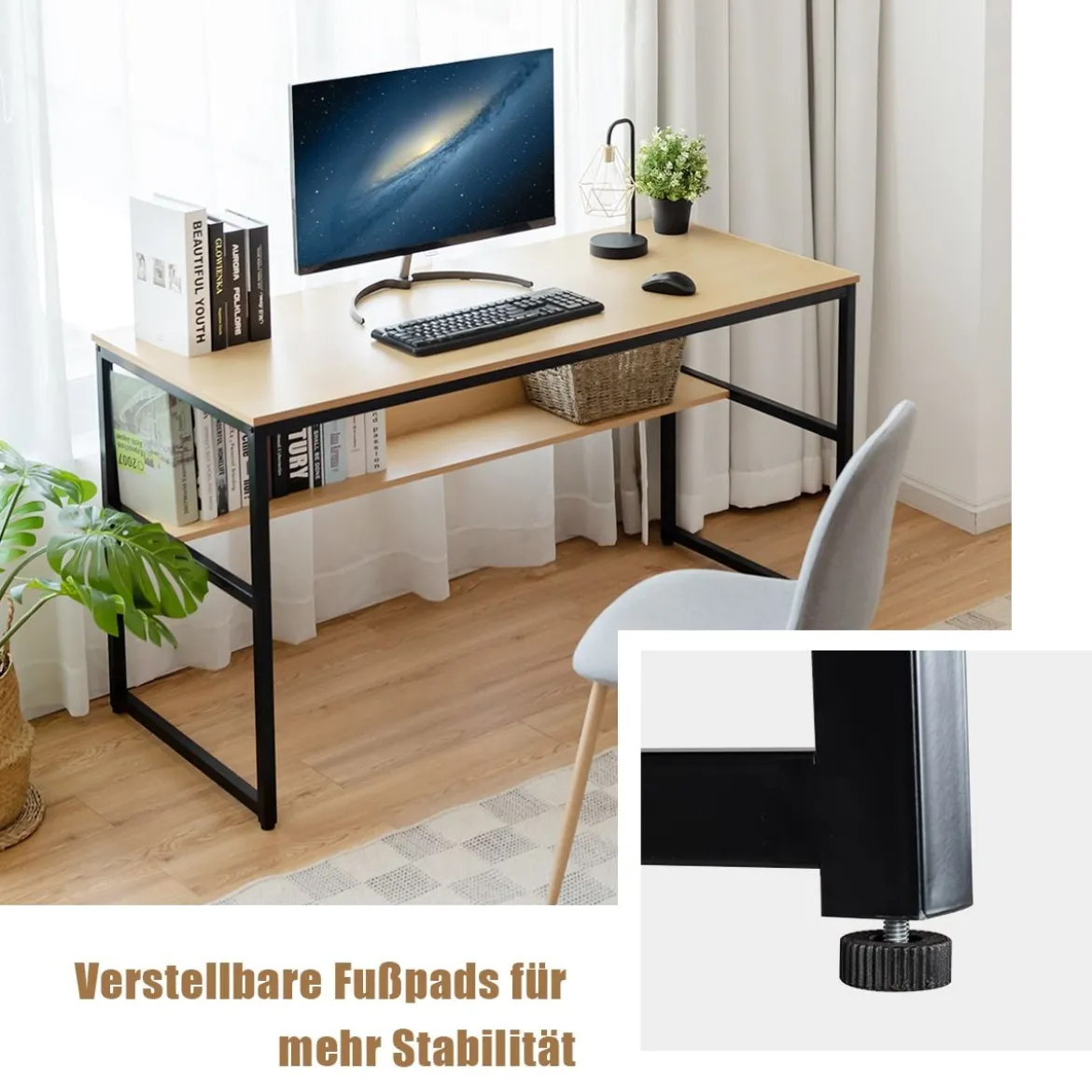 Computertisch mit Ablagefläche Metallstruktur Schreibtisch für Arbeitszimmer Office Schlafzimmer Natur