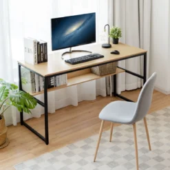 Computertisch mit Ablagefläche Metallstruktur Schreibtisch für Arbeitszimmer Office Schlafzimmer Natur