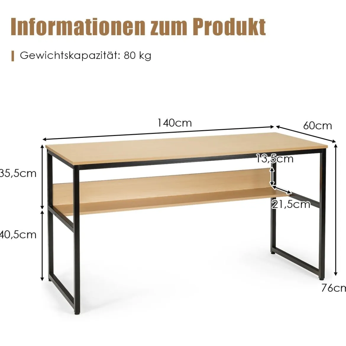 Computertisch mit Ablagefläche Metallstruktur Schreibtisch für Arbeitszimmer Office Schlafzimmer Natur