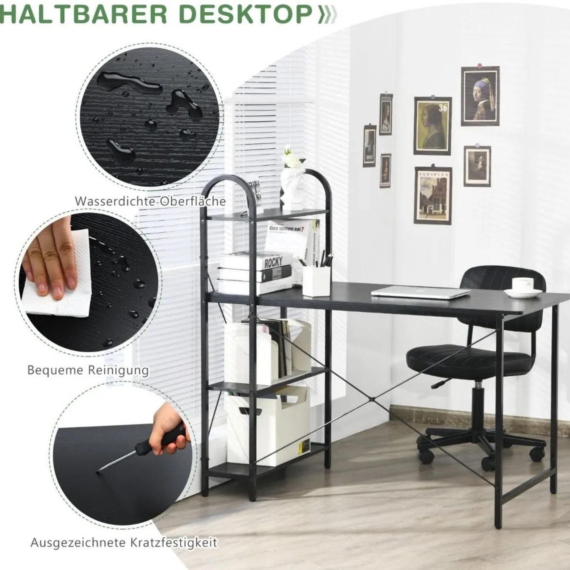 Computertisch mit Ablagefläche mit verstellbaren Untersetzern Bürotisch Homeoffice-Schreibtisch Schwarz