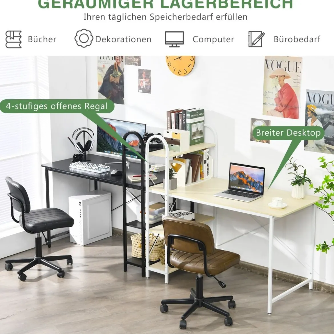 Computertisch mit Ablagefläche mit verstellbaren Untersetzern Bürotisch Homeoffice-Schreibtisch Schwarz