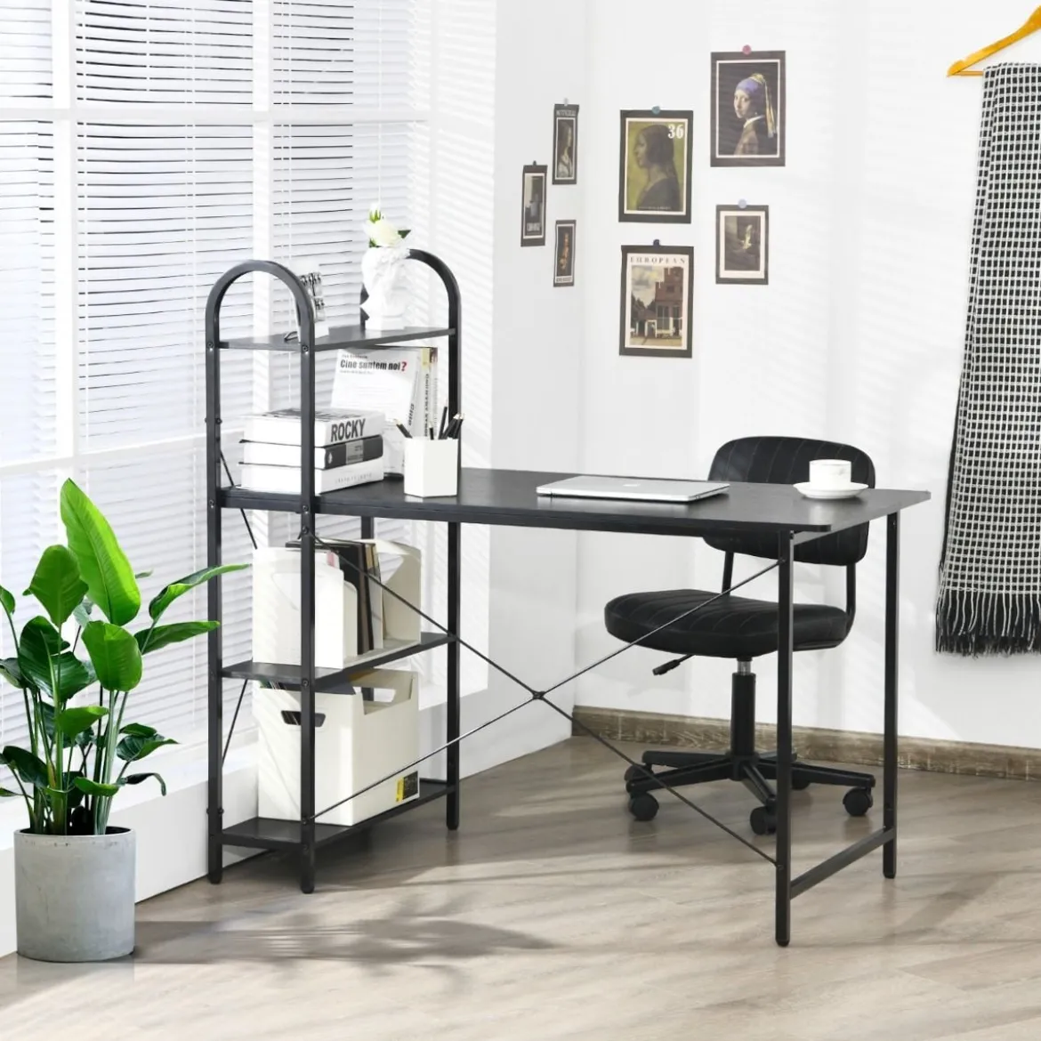 Computertisch mit Ablagefläche mit verstellbaren Untersetzern Bürotisch Homeoffice-Schreibtisch Schwarz