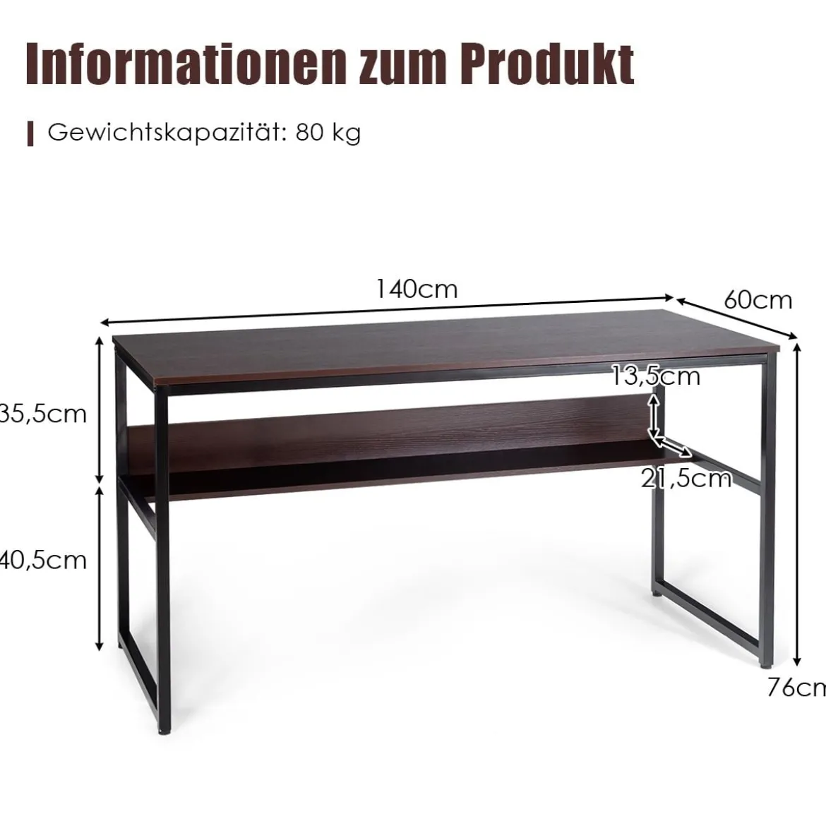 Computertisch mit Ablagefläche Metallstruktur Schreibtisch für Arbeitszimmer Office Schlafzimmer Braun