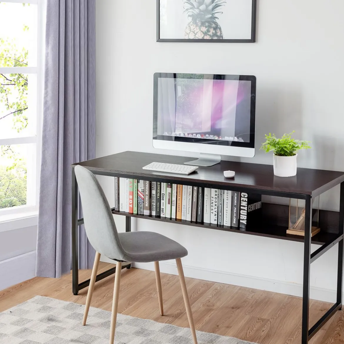 Computertisch mit Ablagefläche Metallstruktur Schreibtisch für Arbeitszimmer Office Schlafzimmer Braun