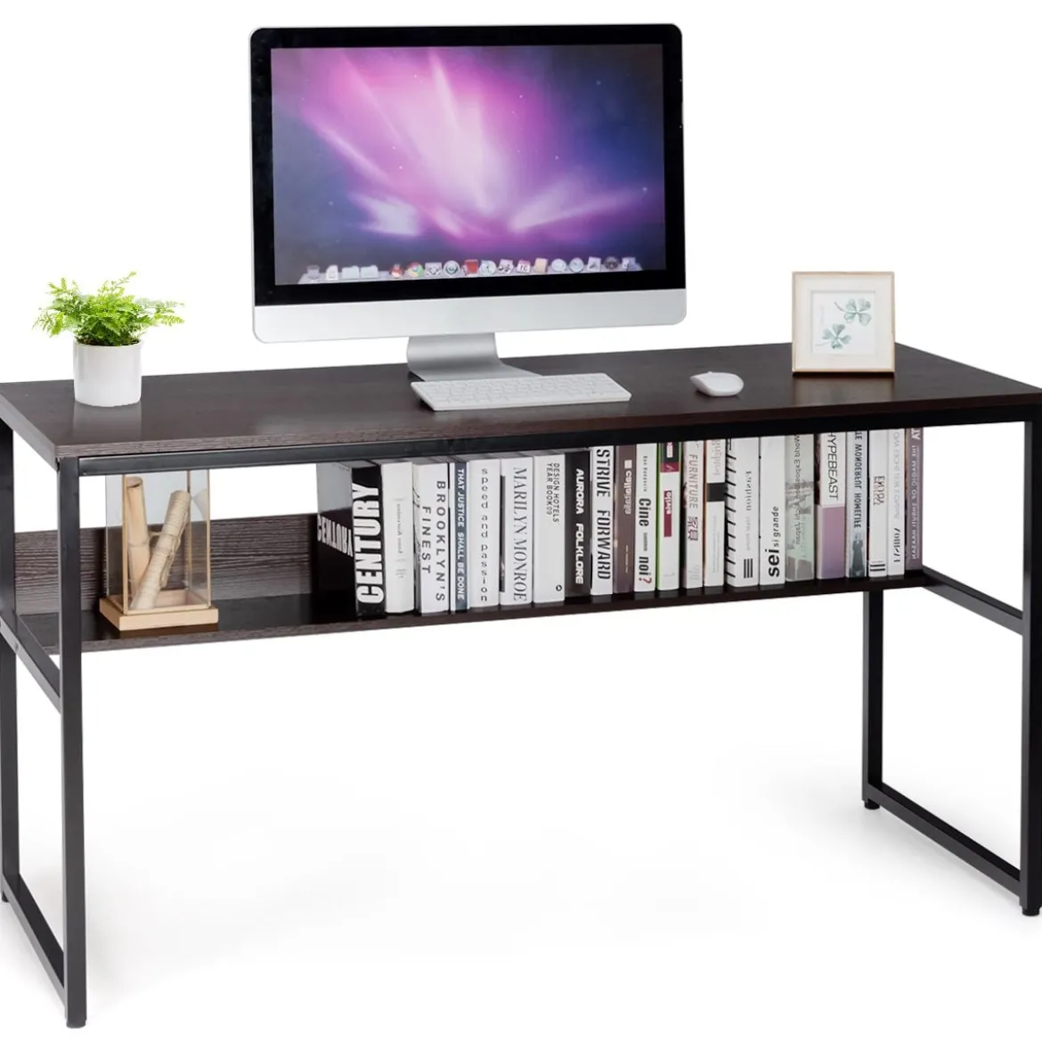 Computertisch mit Ablagefläche Metallstruktur Schreibtisch für Arbeitszimmer Office Schlafzimmer Braun