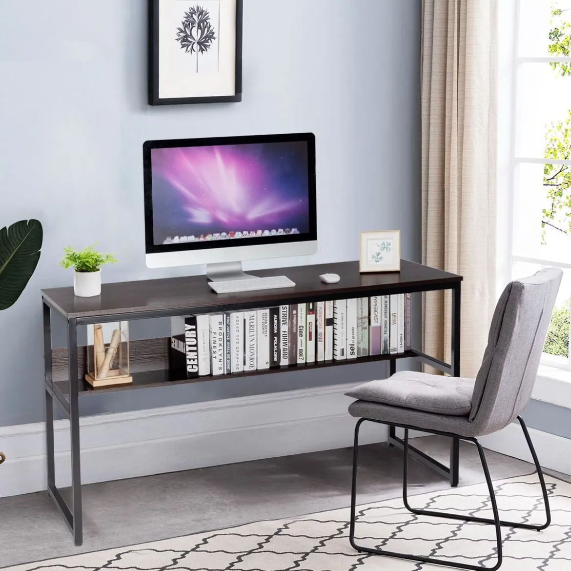 Computertisch mit Ablagefläche Metallstruktur Schreibtisch für Arbeitszimmer Office Schlafzimmer Braun