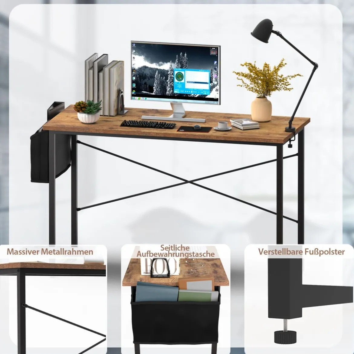 Computertisch mit Aufbewahrungsbeutel Schreibtisch aus Holz 119 X 51 X 76 cm (Rustikales Braun, L)